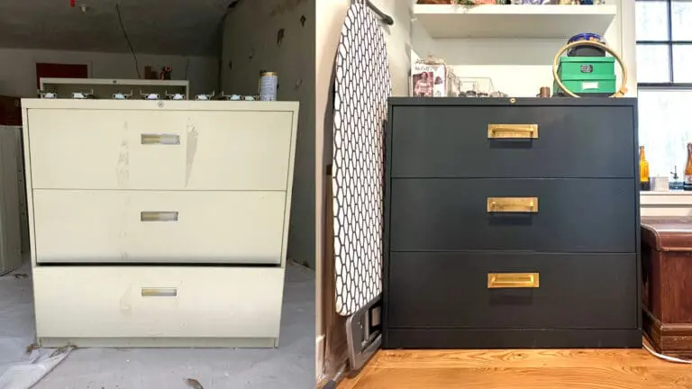 A before and after image of a file cabinet: In the before image, the cabinet is light cream and dirty, in the after image it is dark green and has gold handles