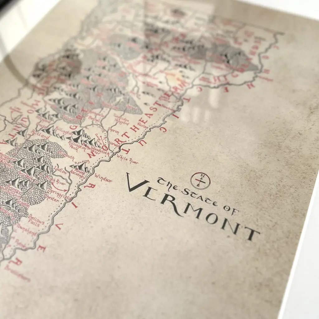 Map of the state of Vermont drawn in a fantasy map style
